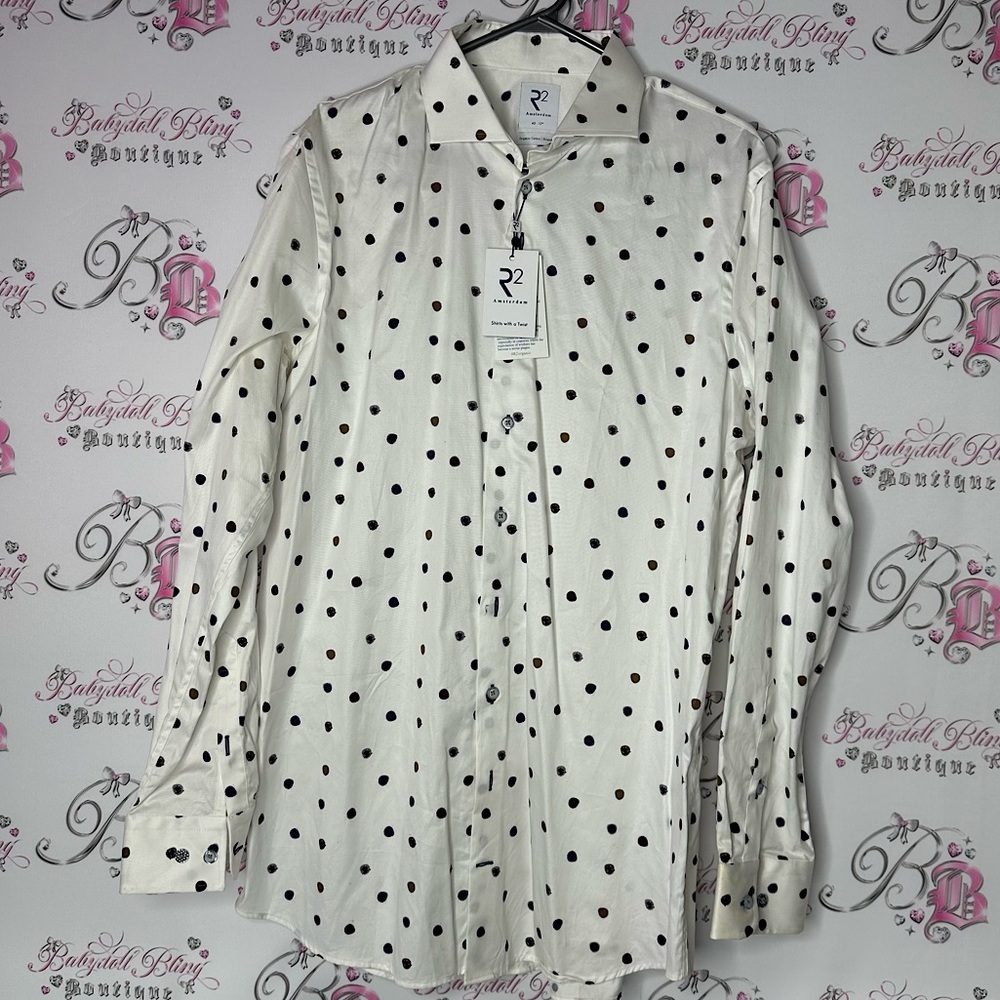 R2 Amsterdam White Polka Dot Shirt button down dress shirt new with tags